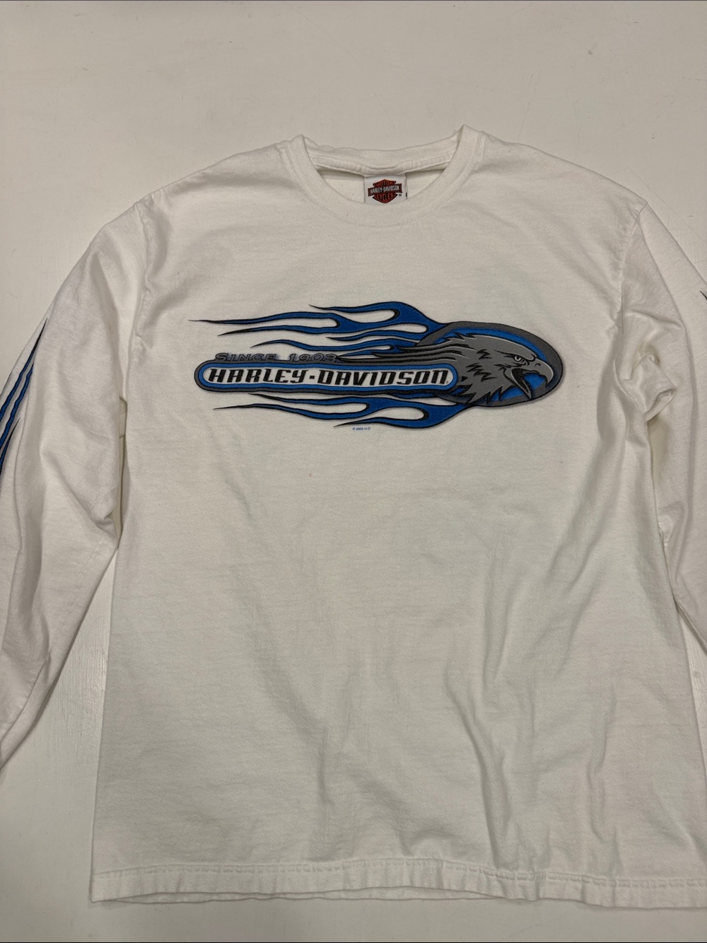 Harley-Davidson White Long Sleeve Tee with Blue Eagle Flame